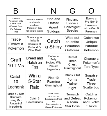 Pokemon Scarlet and Violet Bingo Race Bingo Card