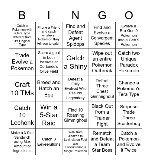 Pokemon Scarlet and Violet Bingo Race Bingo Card