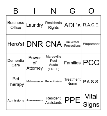 National Nursing Home Week Bingo Card