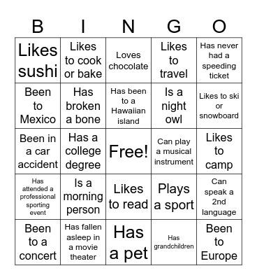 Getting to Know You Bingo Card