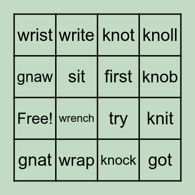 wr, kn, gn Spelling words & Sight Words Bingo Card