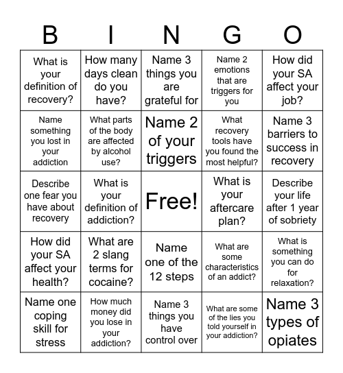 Recovery Bingo! Bingo Card