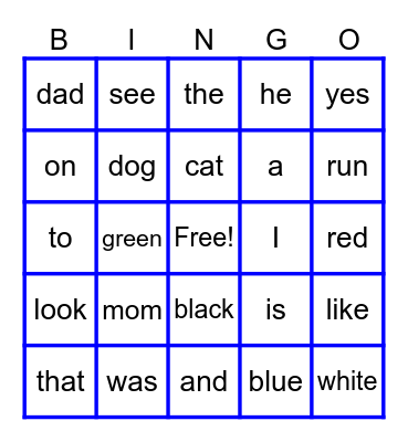 Kindergarten Bingo Card