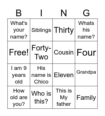 Family Scenes Bingo Card