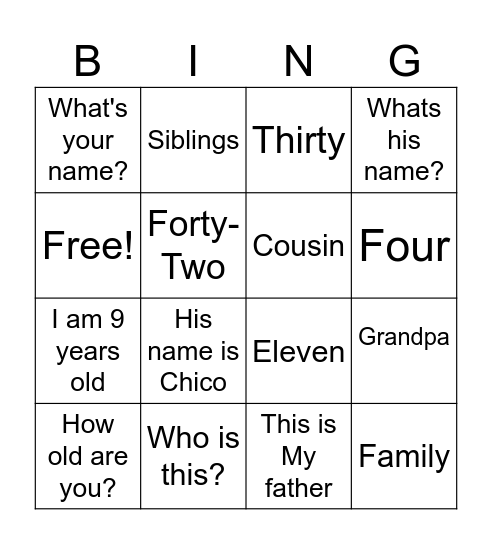 Family Scenes Bingo Card