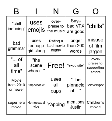 Dom Movie Review Bingo Card