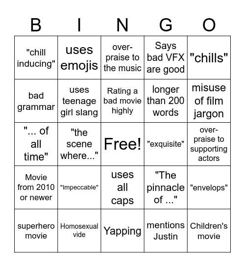 Dom Movie Review Bingo Card