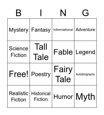 Genres Bingo Card