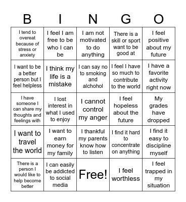 Teen Feelings Bingo Card