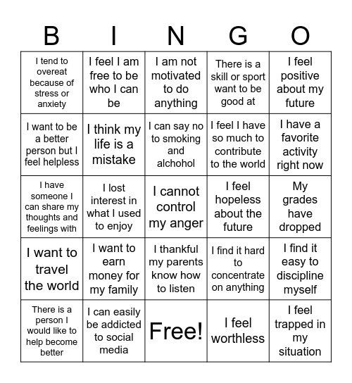 Teen Feelings Bingo Card