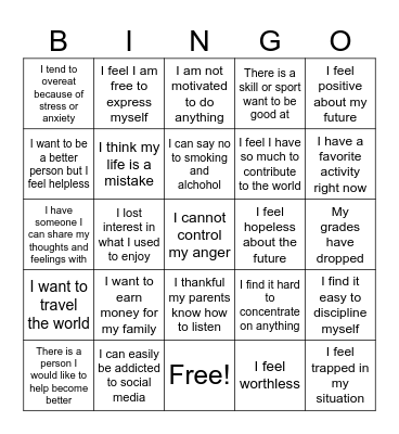 Teen Feelings Bingo Card