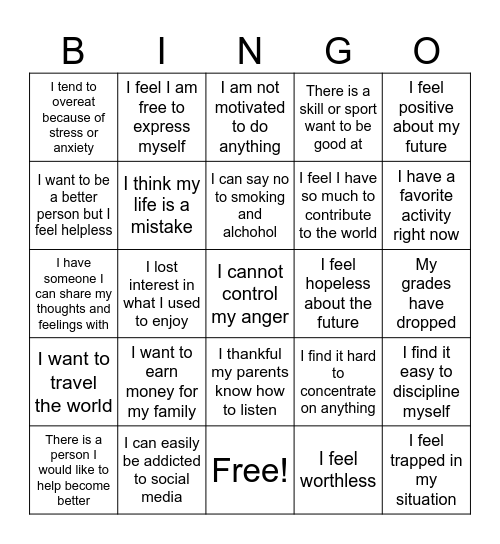 Teen Feelings Bingo Card