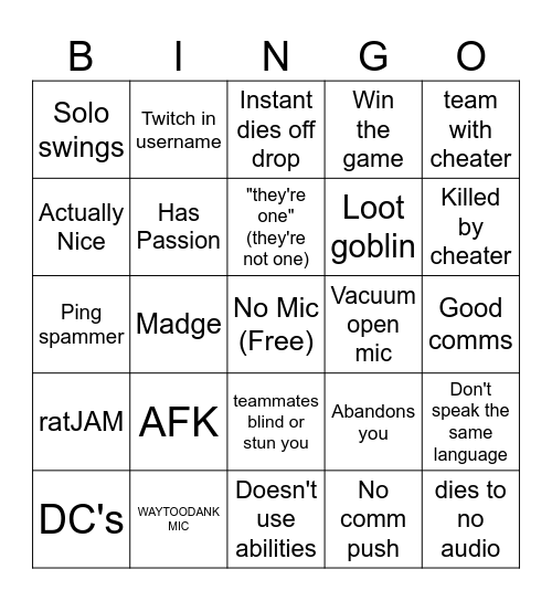 Solo Q Randoms Bingo Card