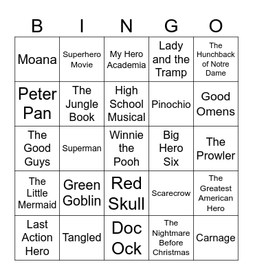Disney Villain Songs, Hero Movies, and Comic Book Villain Alter Egos Bingo Card