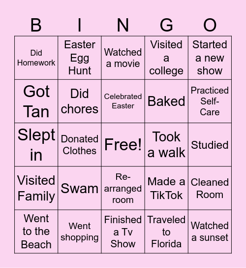 Spring Break Bingo Card