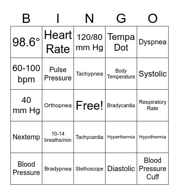 Vital Signs Bingo Card