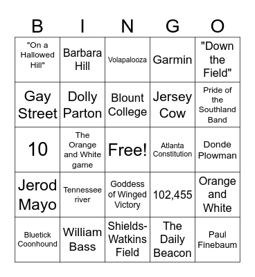 All Things UTK Bingo Card