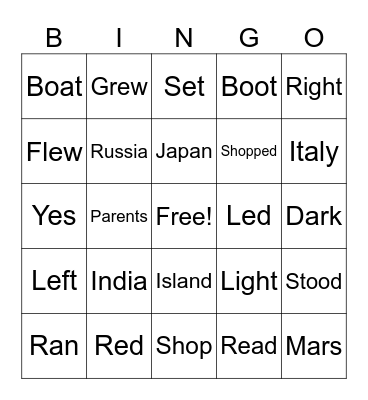 English Bingo Card