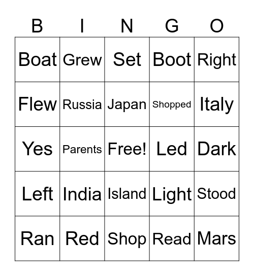 English Bingo Card