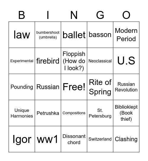 Stravinsky Bingo Card