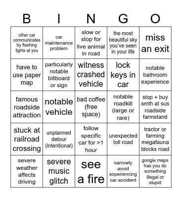 road trip bingo Card