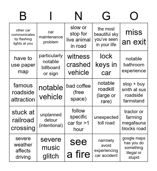 road trip bingo Card