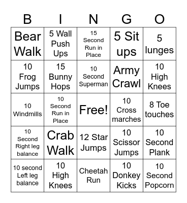 Gross Motor Bingo Card