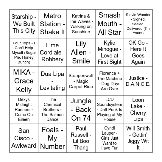 Toe Tappers Bingo Card