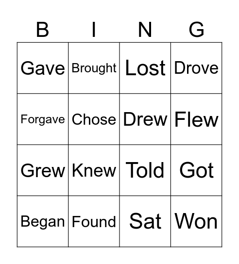 IRREGULAR VERBS IN PAST Bingo Card