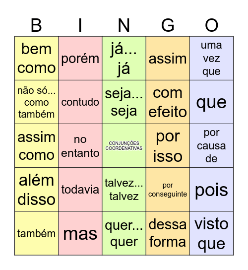 Conjunções Coordenativas Bingo Card