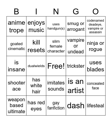 Artemis Character Type Bingo Card