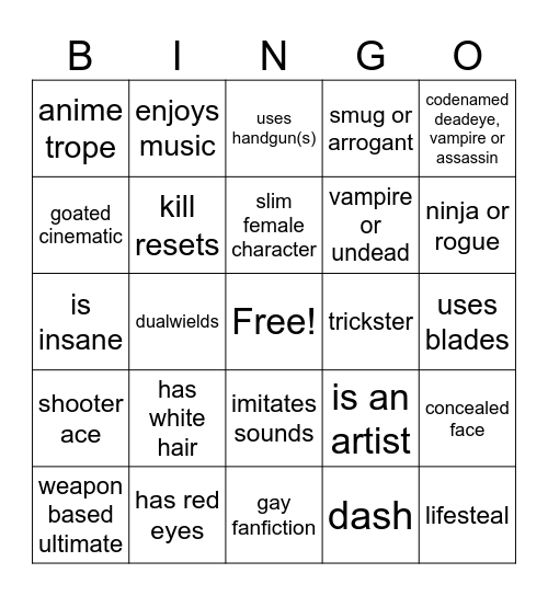 Artemis Character Type Bingo Card