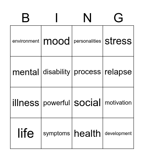 Mental halth Bingo Card