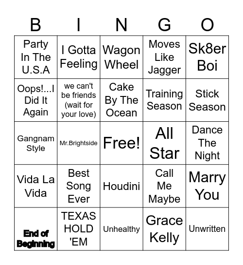 TY Music Bingo 00s Bingo Card