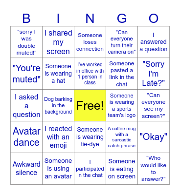 Virtual Training Class BINGO Card
