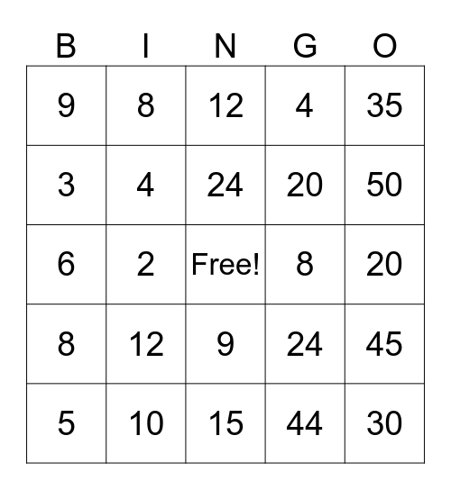 Multiplication Bingo Card