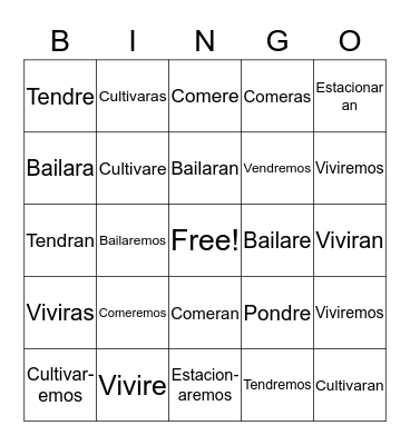Future Tense Verbs Bingo Card