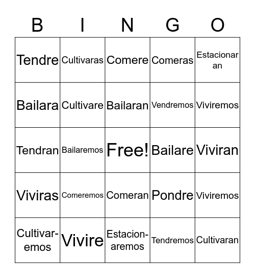 Future Tense Verbs Bingo Card