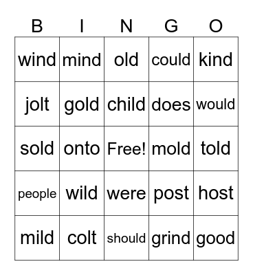 Kind Old Words Bingo Card