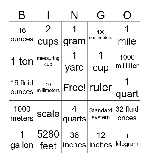 5th grade Measurement Bingo Card