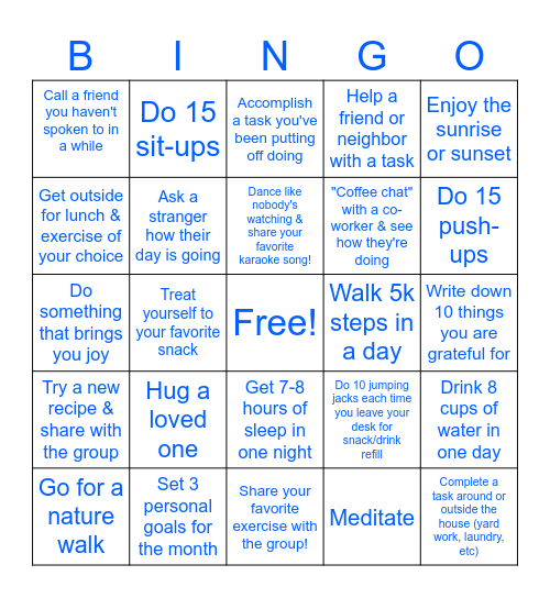CMHC Health & Wellness Bingo Challenge Bingo Card