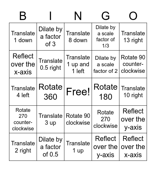 Transformations Bingo Card