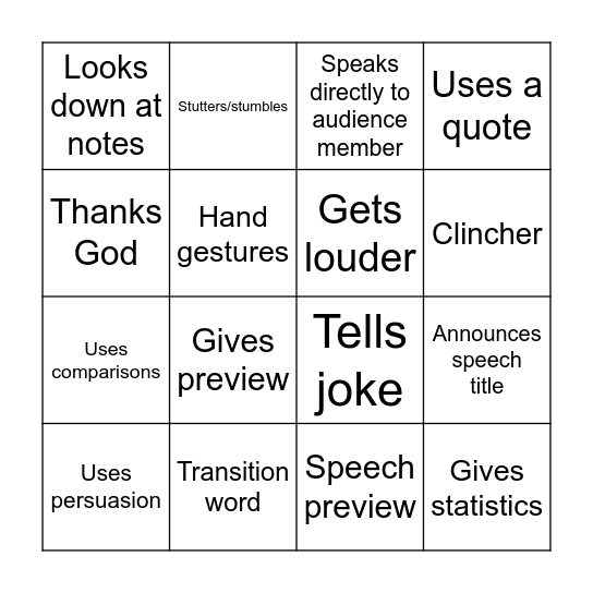 Speech Bingo Card