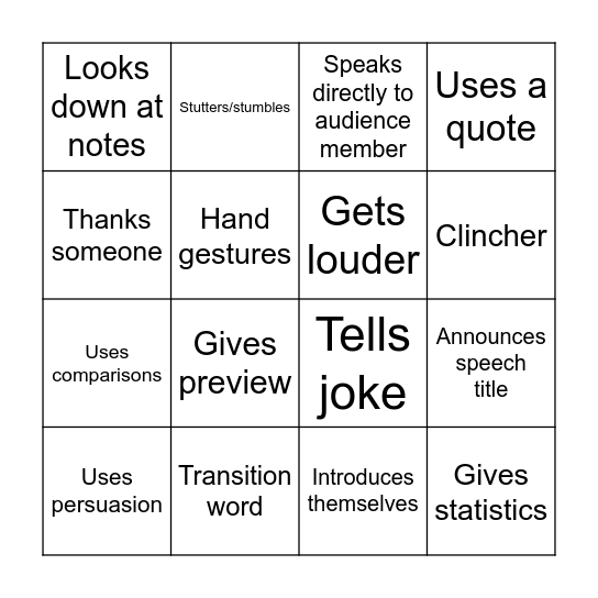 Speech Bingo Card