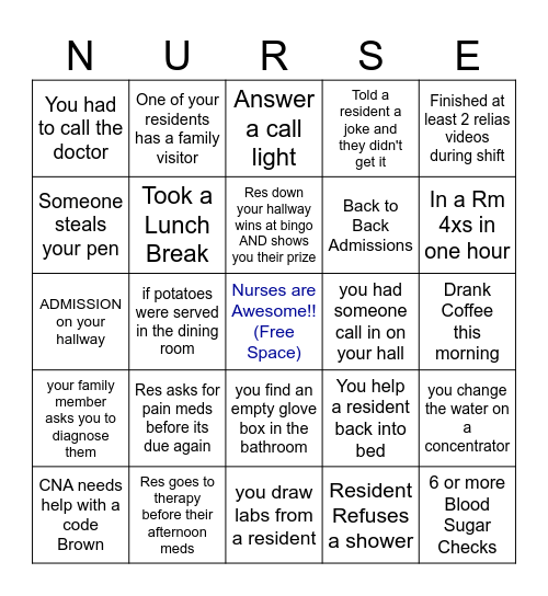 Nurses Bingo Card