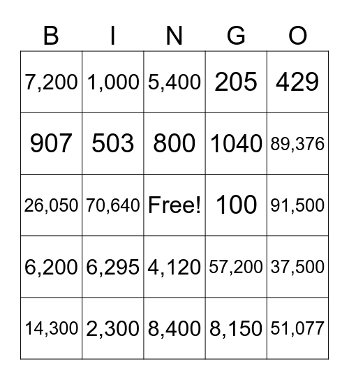 Numbers Bingo Card