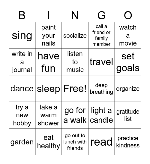 Self care Bingo Card