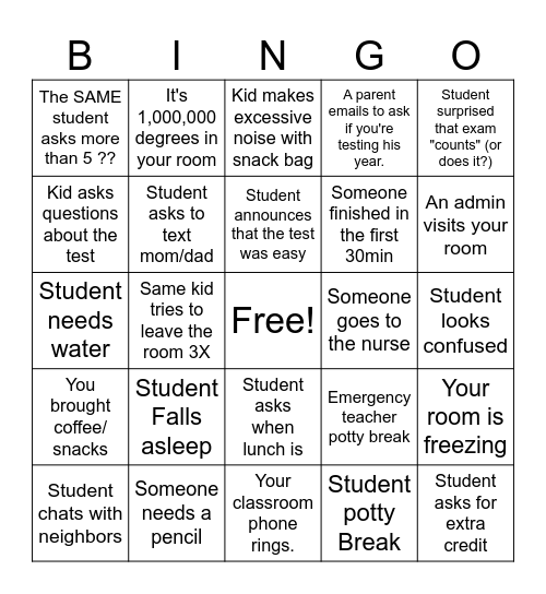 Exam Proctoring Bingo Card