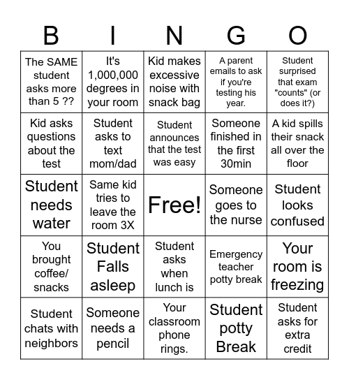 Exam Proctoring Bingo Card