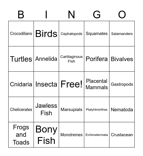 Animal Classification Bingo Card